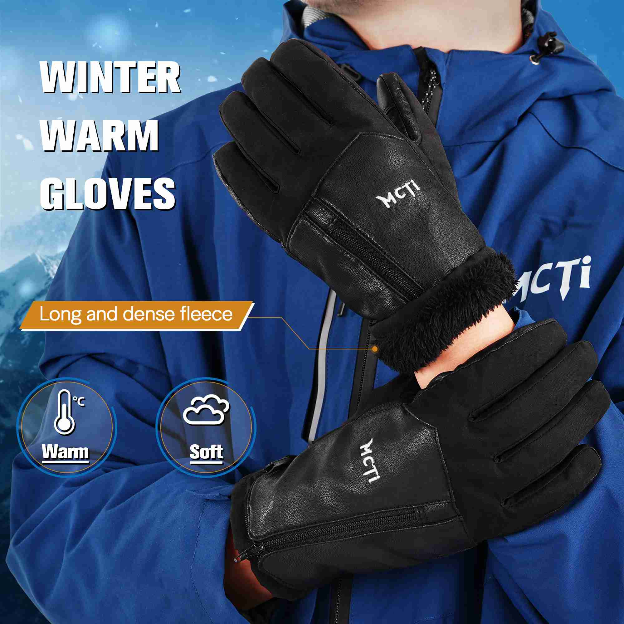 MCTi Winter Gloves Waterproof Warm for Cold Weather Touchscreen Zipper EXSKI