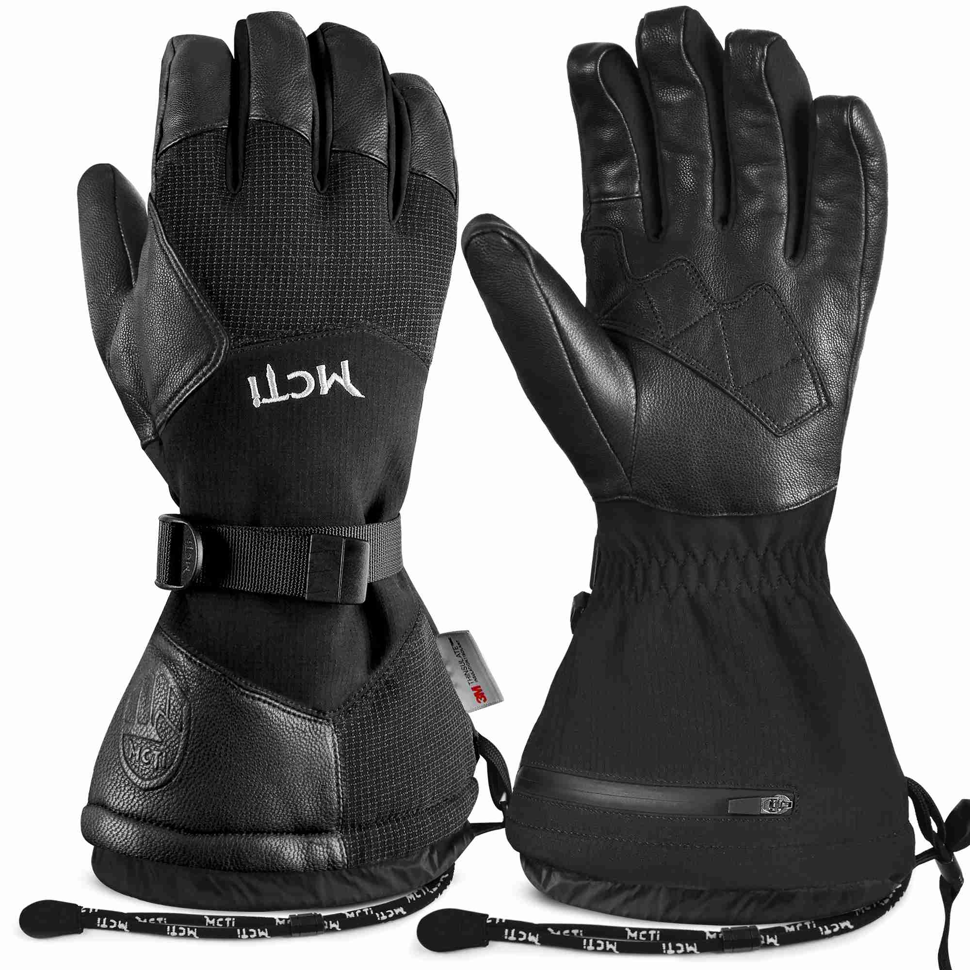 MCTi Goatskin Leather Ski Gloves Men s Waterproof Touch Screen Long Gauntlet for Snowboarding Mountaineering Black L