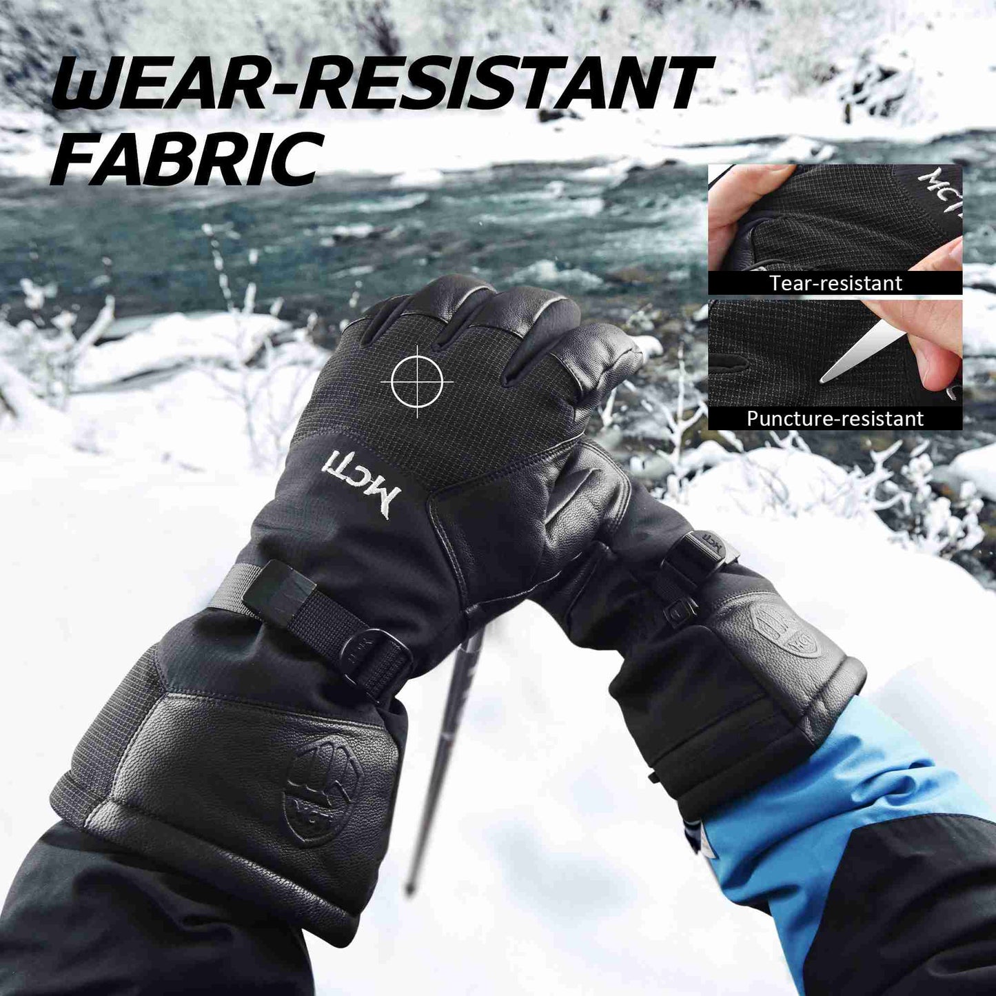 MCTi Goatskin Leather Ski Gloves Men's Waterproof Touch Screen Long Gauntlet for Snowboarding Mountaineering EXSKI