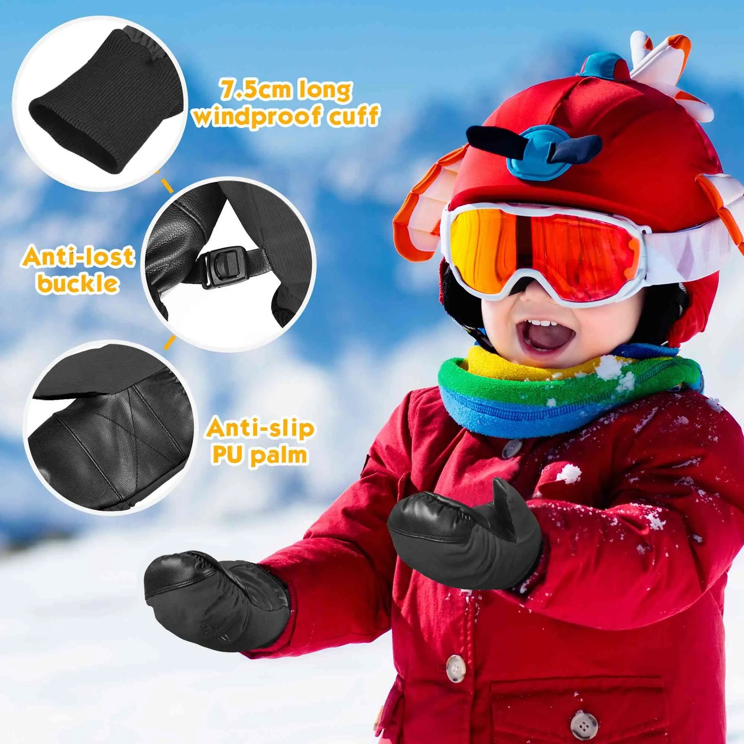 EXski Kids Winter Mittens Waterproof Warm Sherpa Fleece Ski Snow Mittens with Long Cuff EXSKI