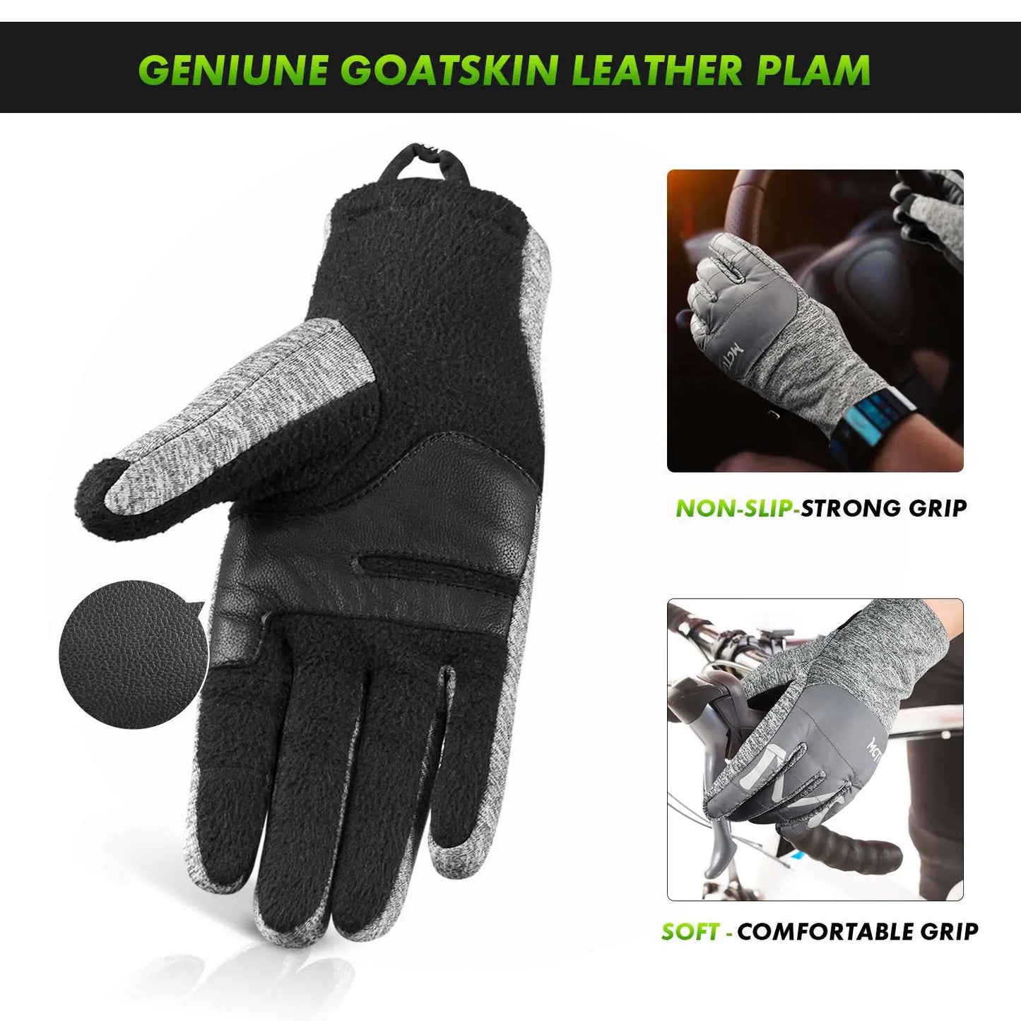 MCTi Winter Gloves Touchscreen Warm Fleece Lining Goatskin Leather Palm for Men Women Running Cycling MCTi